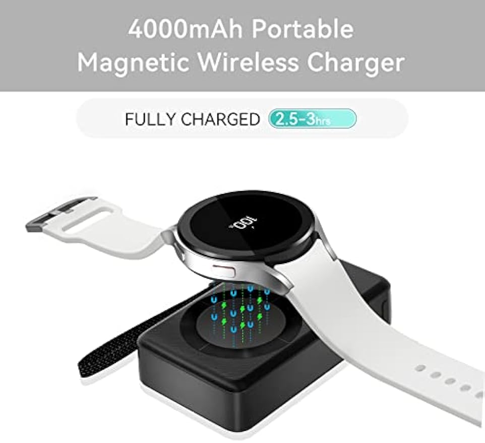 NEWDERY Portable Charger for Samsung Galaxy Watch, 4000mAh Fast Charging Wireless Power Bank with USB C Cable, Magnetic Travel Charger Stand for Galaxy Watch 6/6 Classic/5 Pro/5/4/3/Active/Gear S3/S2