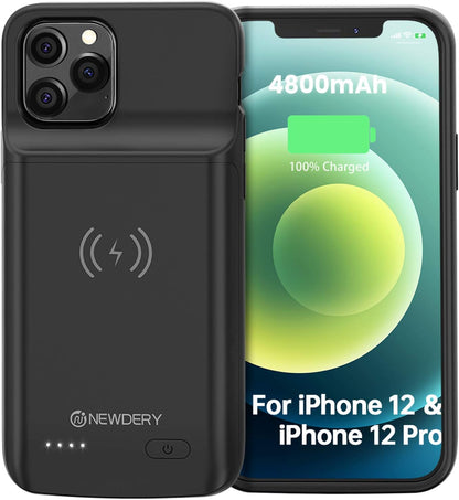 NEWDERY Battery Case for iPhone 12/12 Pro,4800mAh Portable Protective Backup Qi Wireless Charging Case,Rechargeable Extended Battery Pack Charger Case for iPhone 12/12 Pro 6. 1" Black