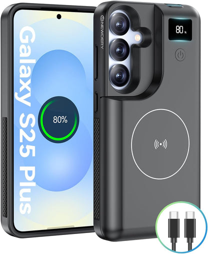 NEWDERY for Samsung Galaxy S25 Plus Battery Case 6.7", 10000mAh Portable Power Bank with LED Display, Qi Wireless Charger & 20W USB C Fast Charging, Sync-Data Supported Black