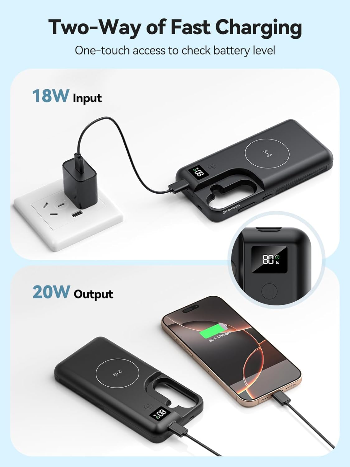 NEWDERY for Samsung Galaxy S25 Plus Battery Case 6.7", 10000mAh Portable Power Bank with LED Display, Qi Wireless Charger & 20W USB C Fast Charging, Sync-Data Supported Black