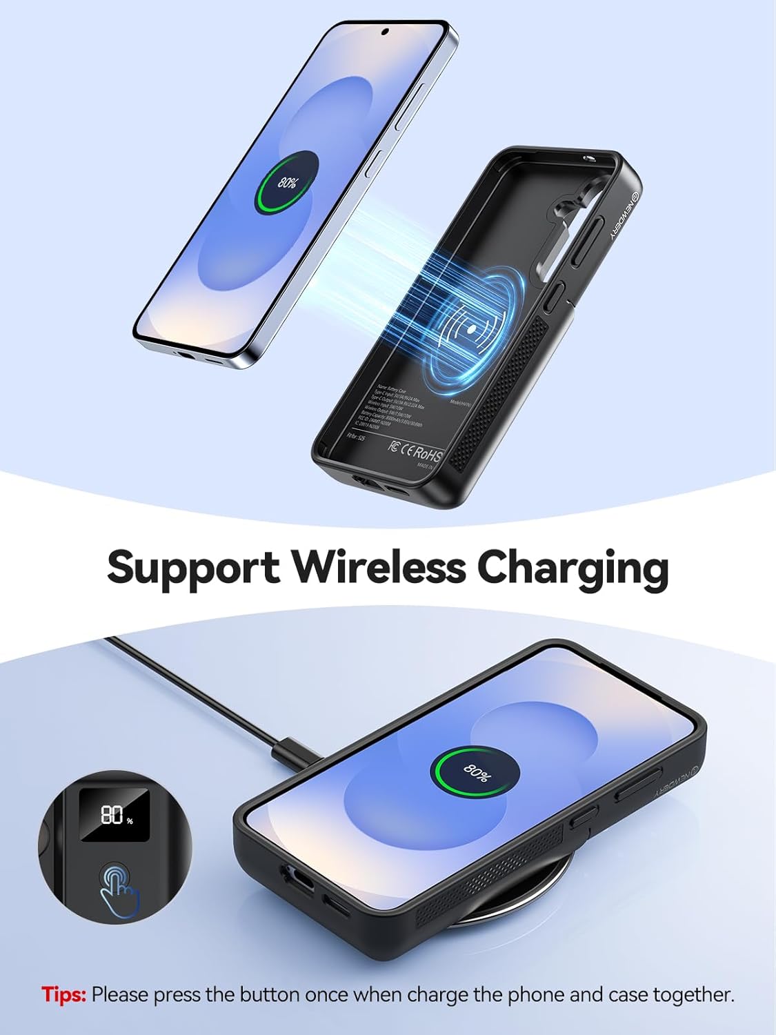 NEWDERY for Samsung Galaxy S25 Battery Case 6.2", 8000mAh Portable Power Bank with LED Display, Qi Wireless Charger & 20W USB C Fast Charging, Sync-Data Supported Black