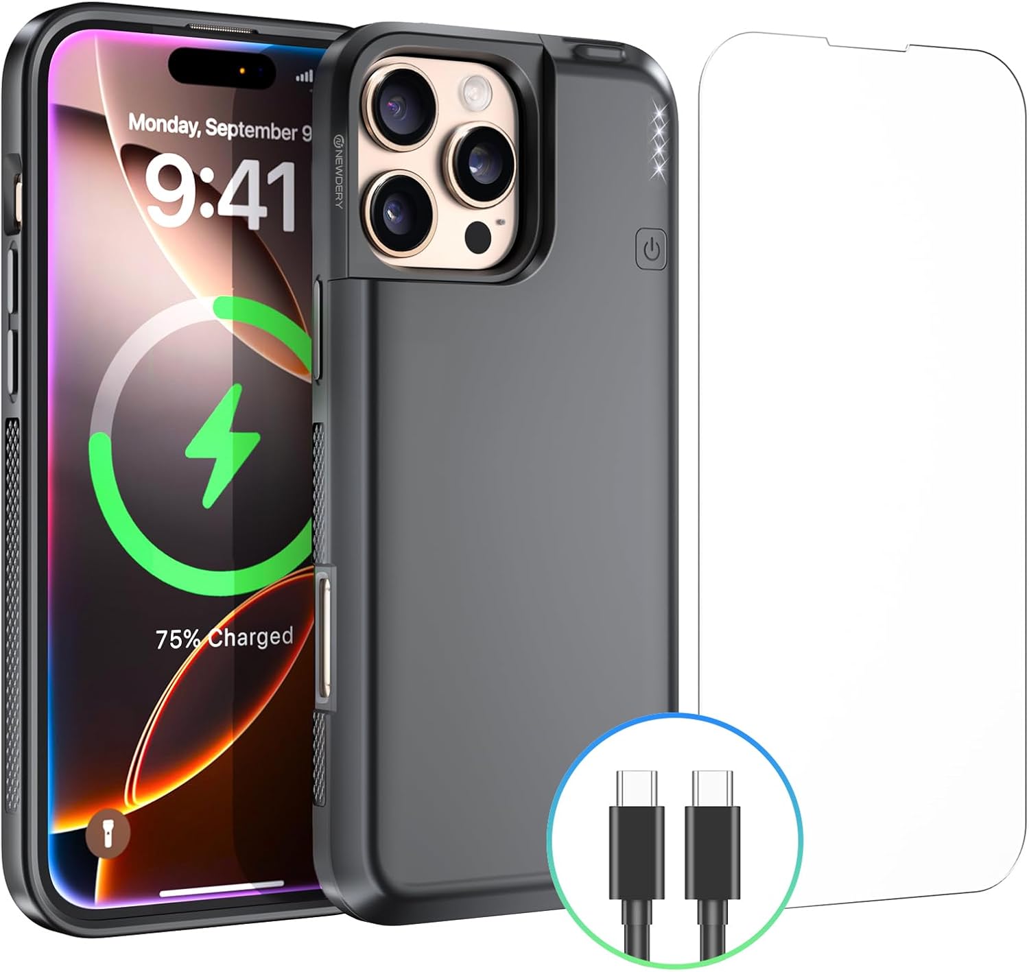 NEWDERY Battery Case for iPhone 16 Pro 5000mAh, CarPlay,Wired Headset,Sync-Data Supported, Portable Rechargeable Charger Charging Case for iPhone 16 Pro 6.3” Black