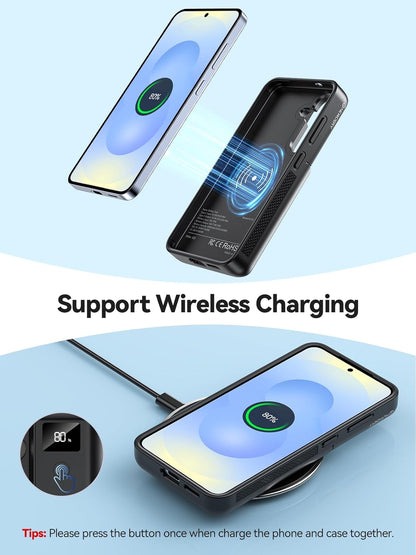 NEWDERY for Samsung Galaxy S25 Plus Battery Case 6.7", 10000mAh Portable Power Bank with LED Display, Qi Wireless Charger & 20W USB C Fast Charging, Sync-Data Supported Black