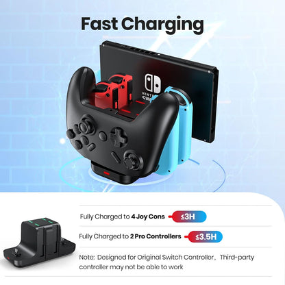NEWDERY Switch Controller Charger Dock for Joy Cons and for Pro Controllers, 6-in-1 Fast Charging Dock for Nintendo Switch & OLED Model with Charger Indicator and Type C Charging Cable