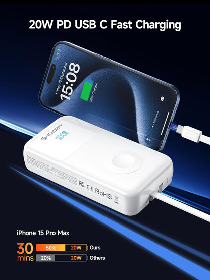 20000mAh Portable Charger for Apple Watch,5-in-1 Power Bank Built-in Cables,PD 20W Fast Charging Travel Battery Pack