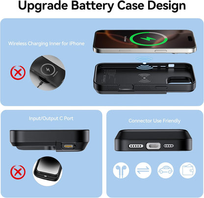 NEWDERY Upgraded Battery Case for iPhone 16 Pro Max, 8000mAh USB-C Portable Power Bank, CarPlay, Sync Data Supported, Rechargeable Charger Case Compatible with iPhone 16 Pro Max 6.9", Black