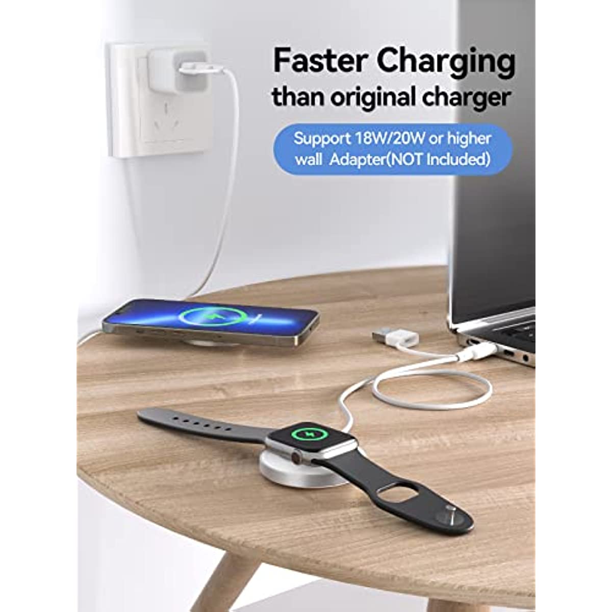 NEWDERY Magnetic Wireless Charger, for Apple Watch Charger, with Mag-Safe Charger and 18W Fast Charging Pad for iPhone 14/13/12 Pro Max Plus Mini, iWatch Ultra/8/7/6/5/4/3 and Airpods,USB A&C Cable